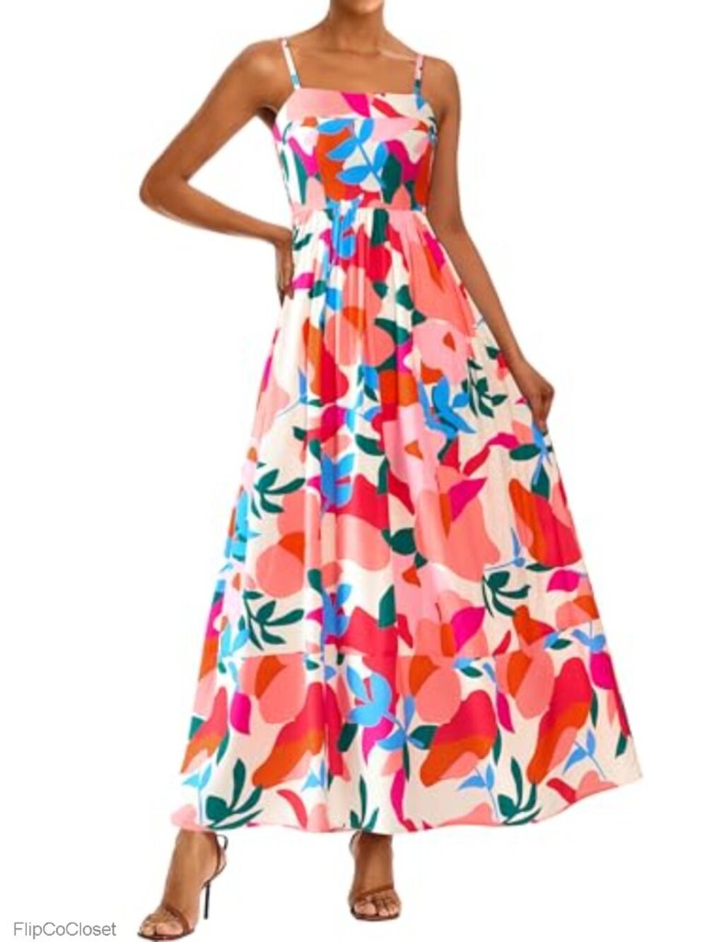Flowy Boho Maxi Dress Viscose Square Neck Spaghetti Strap Smocked Back